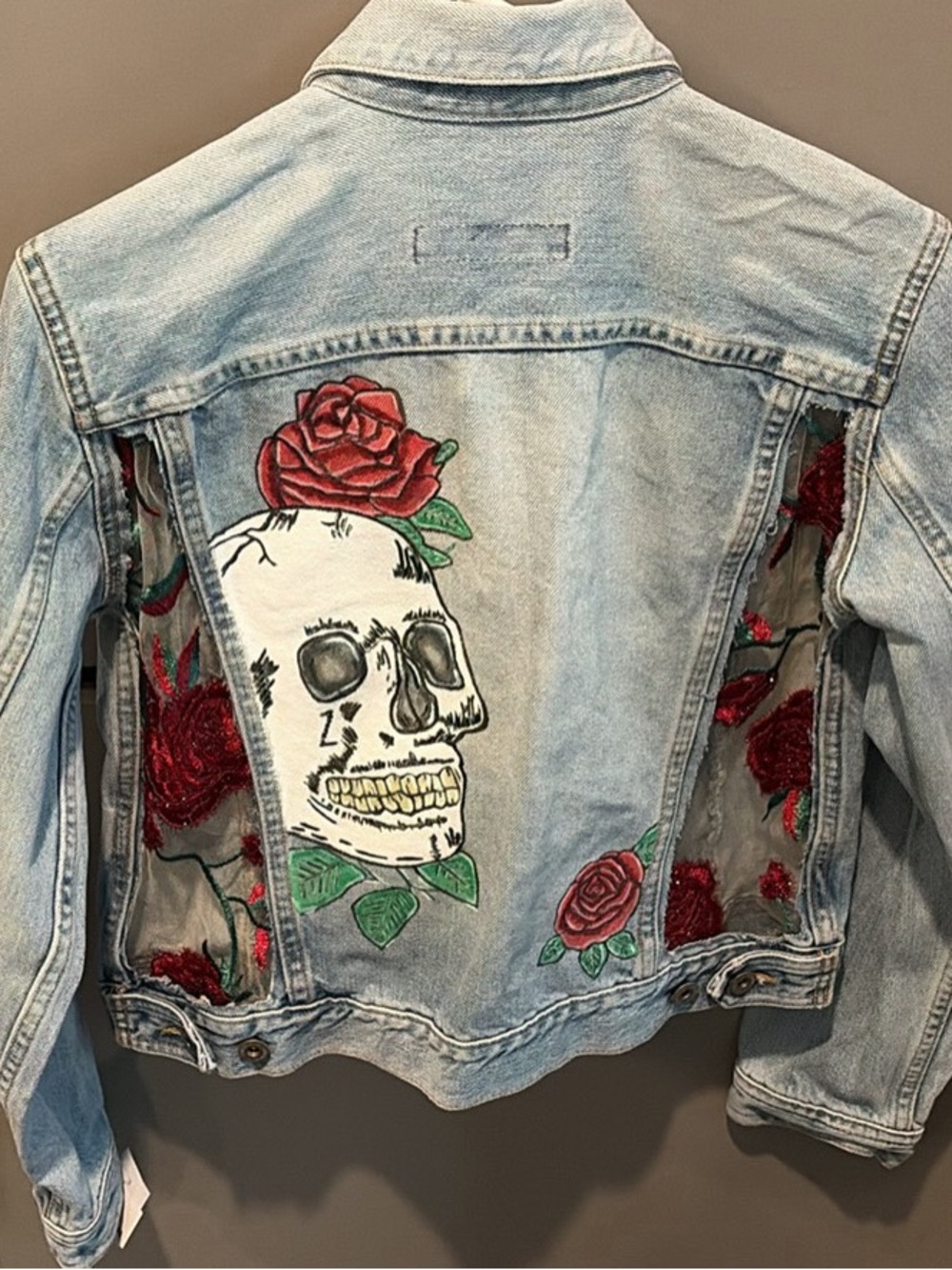 Light Wash Denim Jacket with Skull & Red Rose